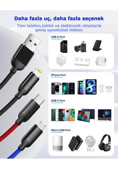 5 Adet 3ü1 Arada Usb Typec Micro Lightning Şarj Ve Veri Aktarım Kablosu 1,2 M