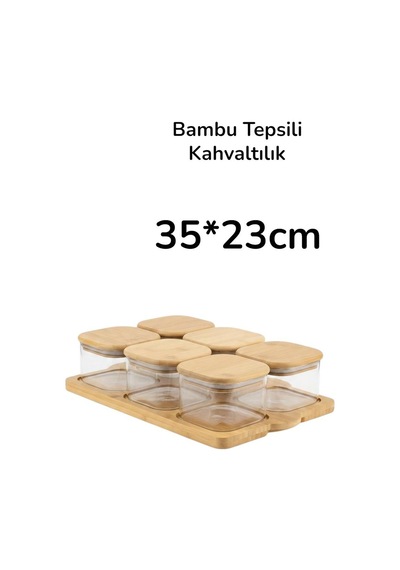 6 Lı Bambu Tepsili Cam Kahvaltı Sunum Seti, Kahvaltılık Sarı