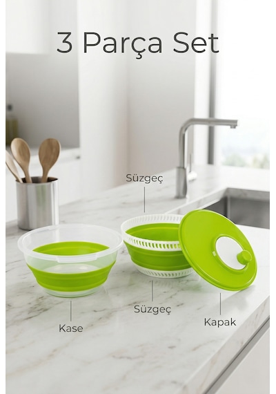 Katlanabilir Salata Kurutucu - Süzgeç Ve Kase Seti - 3 Ü 1 Arada 4.5 Litre Yeşil
