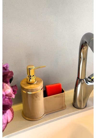 Makri Home Mutfak Veya Banyo İçin Şık Altın Rengi Detaylı Süngerlikli Sıvı Sabunluk , Yerli Üretim Bej