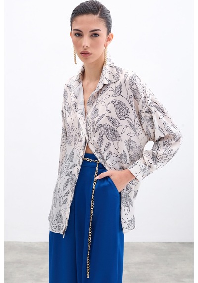 Sateen Desenli Saten Gömlek - Ekru-135962 Ekru