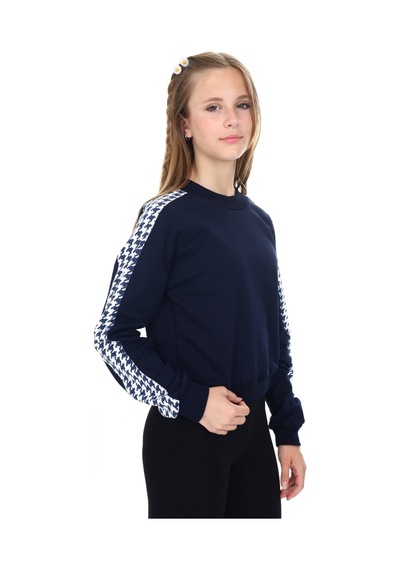 Toontoy Kız Çocuk Relax Fit Dik Yaka Düşük Omuz Kolu Garnili Sweatshirt - 2 İplik Lacivert