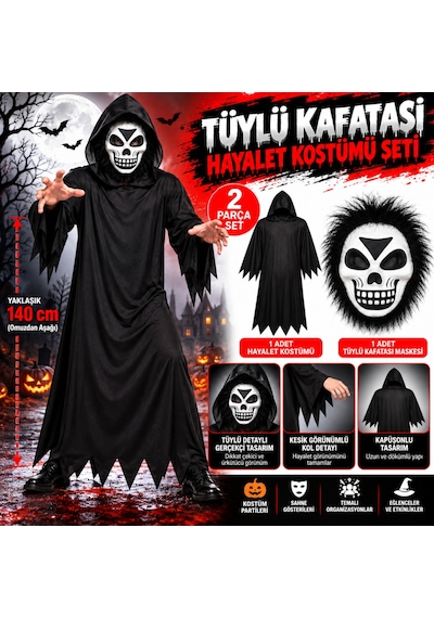 Tüylü Eva Kafatası Maskeli Siyah Hayalet Kostümü 140 Cm Çok Renkli