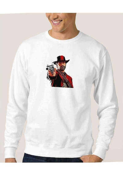 Red Dead 2 Arthur Morgan Baskılı Beyaz Erkek Örme Sweatshirt