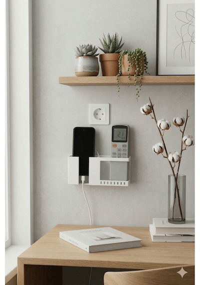 Duvara Monte Beyaz Telefon Tutucu Şarj Standı Ve Klima Kumanda Düzenleyici Askı Aparatı Beyaz