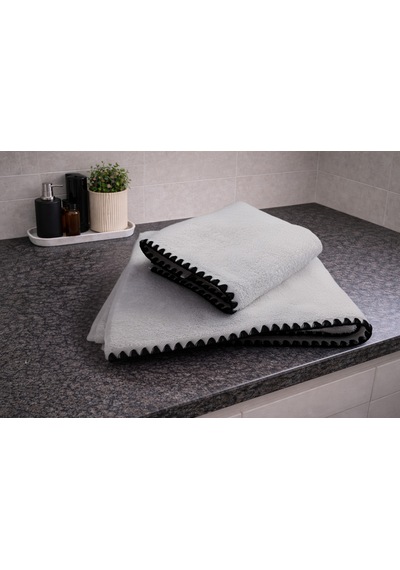 Siyah İstiridye Dikişli %100 Pamuk Yumuşak Dokulu Yüksek Su Emici 2'li Banyo Havlu Seti 50x90-70x130 Krem