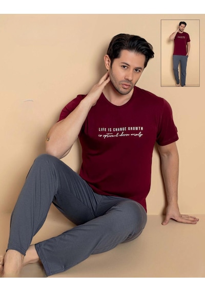 Pijamerry Erkek Bisiklet Yaka Kısa Kol Penye Pijama Takımı 6132 - 1 Adet Bordo