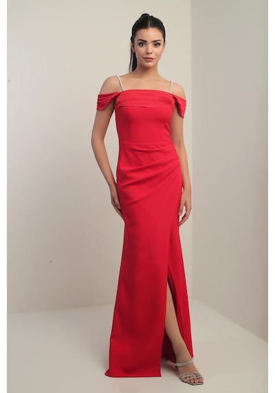 By Saygı Kadın Taşlı İnce Askılı Düşük Kollu Saten Madonna Yaka Astarlı Drapeli Double Balık Elbise-40836 Kırmızı By Saygı Kadın Taşlı İnce Askılı Düşük Kollu Saten Madonna Yaka Astarlı Drapeli Double Balık Elbise-40836 Kırmızı