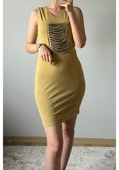 Mia Butik Kadın V Yaka Kare Pul Payetli Hardal Elbise-977 Hardal