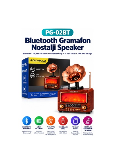 Pg-02bt Bluetooth Gramofon Nostalji Speaker Fm/am/sw Radyo Usb Tf Kart 1800 Mah