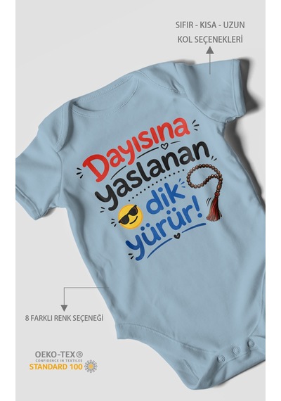 Morivokids Dayısına Yaslanan Dik Yürür Kısa Kollu Bebek Body %100 Pamuk Bebe Mavisi