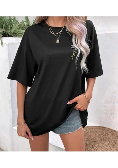 Kozia Outdoors Malkoçbey Papatya Baskılı Oversize Unisex Basic T-şhirt Siyah SIYAH
