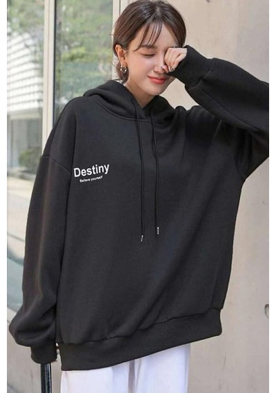 Uyguntarz Unisex Destiny Baskılı Siyah Oversize Kapüşonlu Sweatshirt