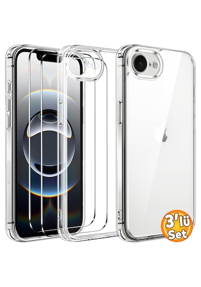 Apple Uyumlu iPhone 16e Şeffaf Kılıf + Cam Ekran Koruyucu Seti (1 CAM 1 KILIF)