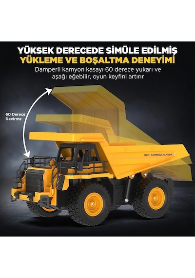 Uzaktan Kumandalı 9 Fonksiyonlu 2.4Ghz 30cm Şarjlı Sesli Işıklı Hareketli Damperli Oyuncak Kamyon
