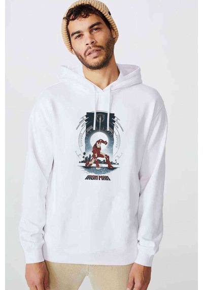Iron Man Baskılı Beyaz Erkek Örme Kapşonlu Sweatshirt