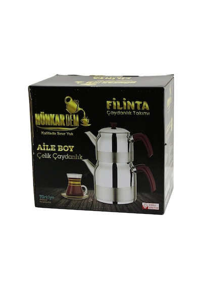 Filinta Aile Boy Çelik Çaydanlık Seti Çift Kapaklı Renkli Bakalit Kulp Üst Demlik: 1.5lt - Alt Suluk: 3lt K