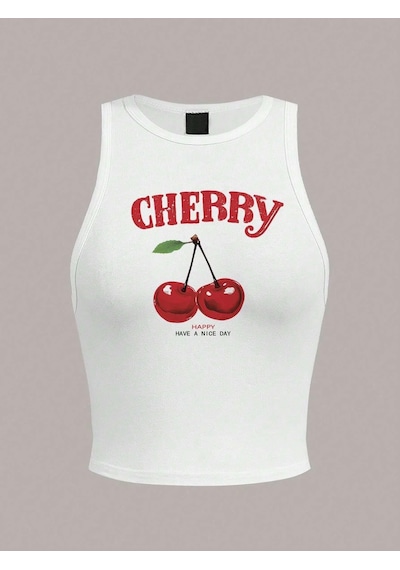 Afri Kadın Beyaz "Cherry" Baskılı Kolsuz Crop Atlet - Yazlık Sokak Stili Beyaz