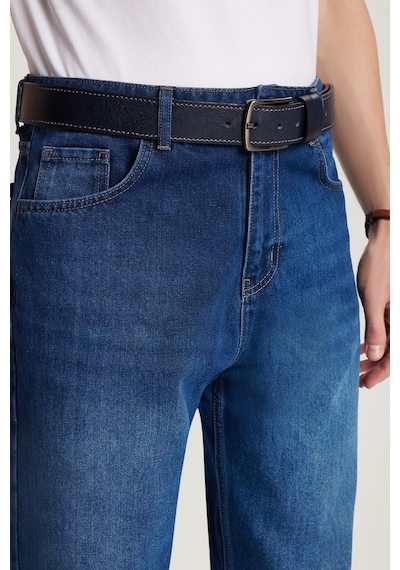 Tudors Erkek Relax Fit Geniş Kesim Boru Paça Denim Yıkamalı Taşlamalı Esnek Lacivert Jean Kot Pantolon-34089 Lacivert