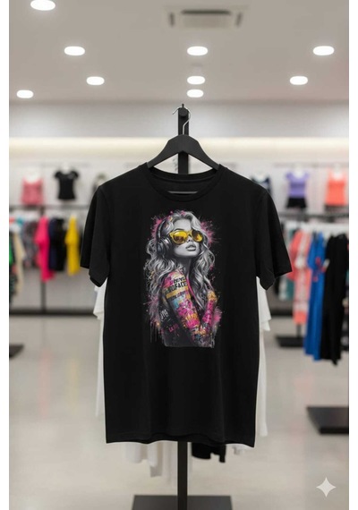 Renkli Kadın Figürü Baskılı Siyah Beyaz T-shirt Siyah
