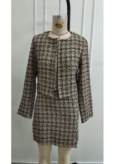 Bhrwear Kadın Uzun Kollu Önü Açık Dokuma Ceket Ve Mini Etek Ikili Takım Renkli