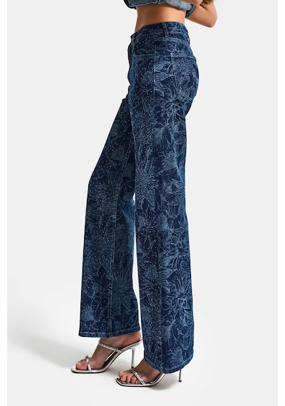 it's basic Kadın Mavi 1s6-7 Straight Fit Çiçek Desenli Parlak Taşlı Tasarım Elastan Denim Jean