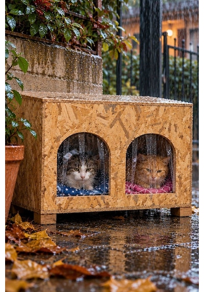Reyo 2 Bölmeli 2 Minderli Yerden Yüksek Kedi Yuvası Su ve Isı Yalıtımı İç ve Dış Mekan Kedi Barınağı Osb Kedi Evi 61 x 41 x 36 CM CAT51M