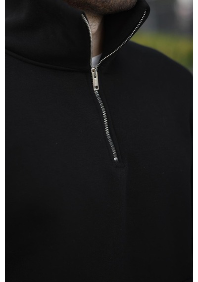 Madmext Siyah Fermuarlı Dik Yaka Kanguru Cep Erkek Sweatshirt E7159 Siyah