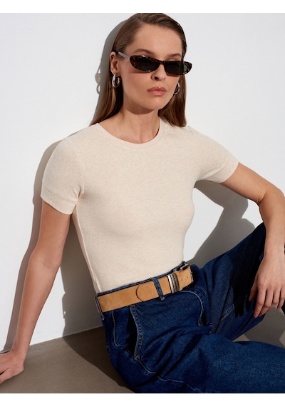 Dilvin 32637 Bisiklet Yaka T-shirt-bej Melanj