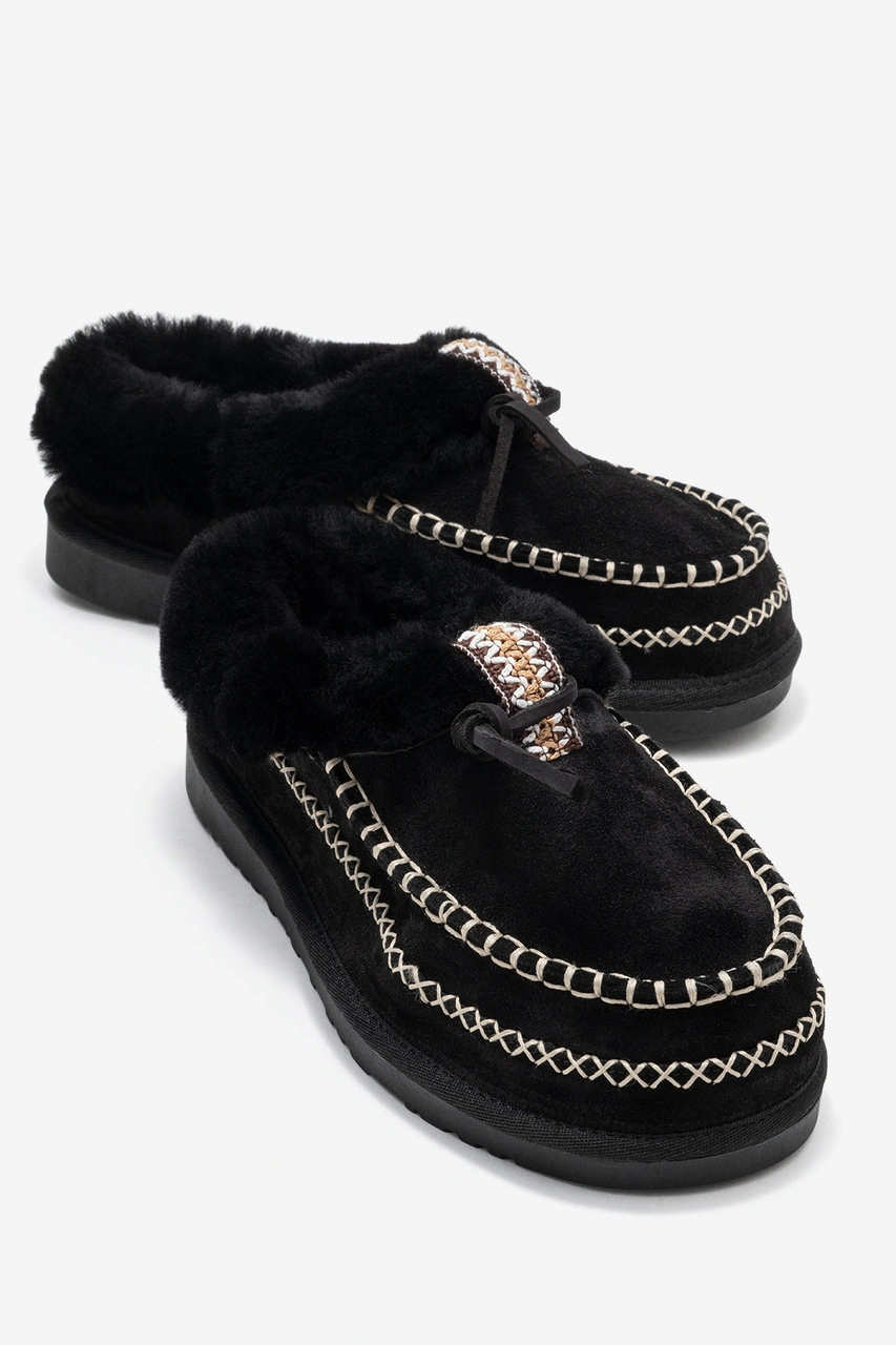 Luvishoes Luvi Shoes Norıel Siyah Süet Hakiki Deri Dikişli Kürklü Kadın Makosen Terlik Siyah