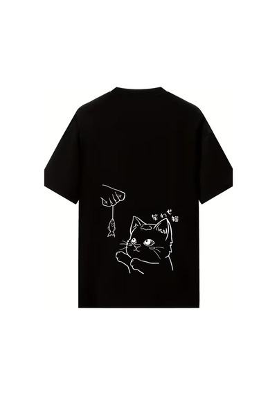 Fish And Cat Kadın Oversize Basic Bisiklet Yaka Pamuklu T-shirt Rahat Kesim Unisex SIYAH