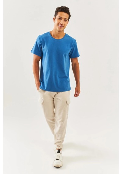 Erkek Oversize Rahat %100 Pamuklu Penye Bisiklet Yaka Kısa Kol Basic T-shirt Classic Collection Mavi