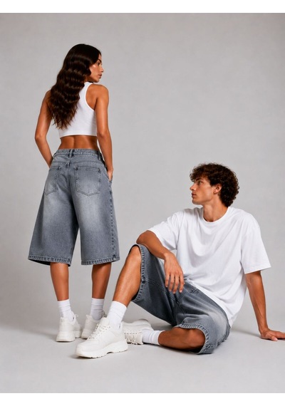 St.poll Eskitme Yıkama Unisex Baggy Denim Şort Gri