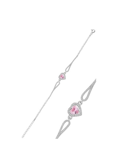 Gümüş Rodyumlu Pembe Zirkon Taşlı Pırlanta Modeli Kalp Bileklik