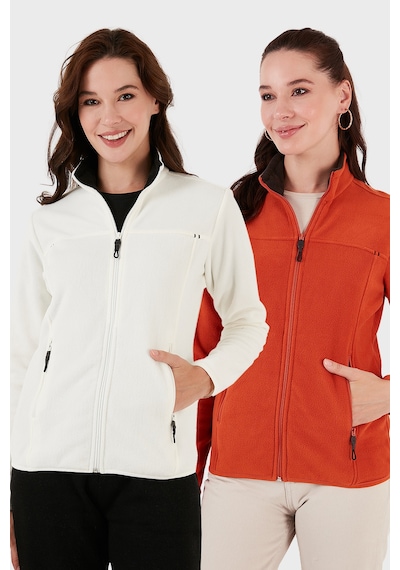 Lela Slim Fit Anti-pilling Tüylenme Yapmayan Fermuarlı Cepli Hırka 2' Li Paket Polar Kadın Polar 5907002s2 Ekru-orange