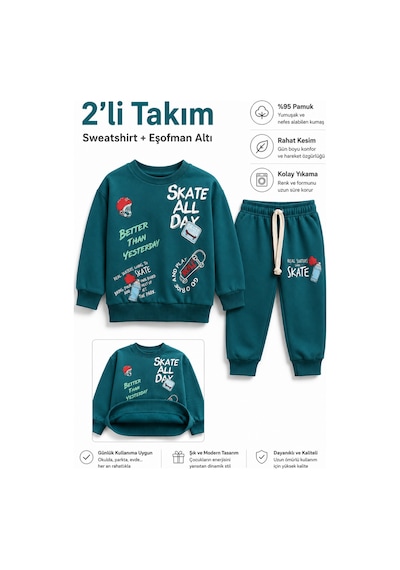 Ahengim Erkek Çocuk Kaykay Baskılı Sweatshirt Eşofman Altı 2 Li Takım 1-4 Yaş Ak115 Koyu Yeşil Ahengim Erkek Çocuk Kaykay Baskılı Sweatshirt Eşofman Altı 2 Li Takım 1-4 Yaş Ak115 Koyu Yeşil