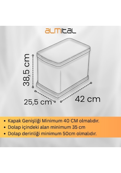Cassone 24 Litre, Dolap İçi Teleskopik Raylı Paslanmaz Krom Çöp Kovası, Minimum Kapak Genişliği 40 Cm Antrasit