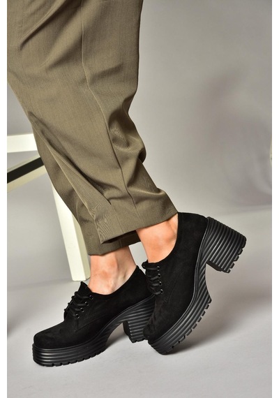 Fox Shoes R996054002 Siyah Süet Kalın Topuklu Kadın Ayakkabı Siyah
