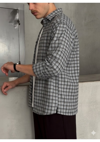 Erkek Oversize Kesim Kareli Gömlek Gri Melanj