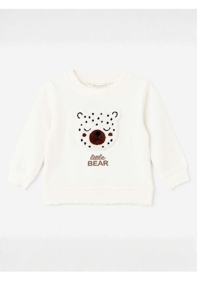Zekids Kız Bebek Ayıcık Punch İşlemeli Sweatshirt-16305 Ekru