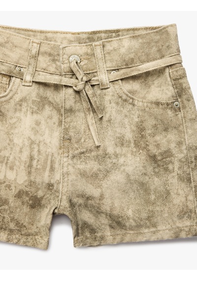 Koton Pamuklu Kuşak Detaylı Cepli Desenli Denim Şort Bej Desenli 6skg40120ad Ekru
