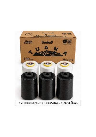 Tuana 120 Numara 5000 Metre Polyester Dikiş İpliği - 6'lı Karışık 3 Beyaz + 3 Siyah