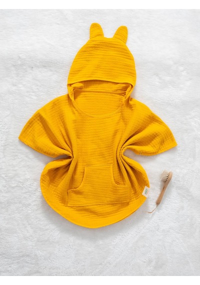 Organik Pamuk, Kapüşonlu Müslin Çocuk Pançosu - Sarı 12 - 36 Ay