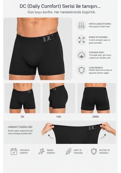 Elilom Erkek Boxer 3'lü Paket Daily Comfort Dikişsiz Nefes Alır Pamuklu Siyah Set 3p Siyah