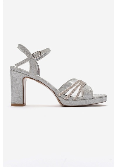 Luvishoes Jarena Gümüş Simli Taşlı Kadın Kalın Topuklu Abiye Ayakkabı Gumüş