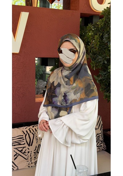 Qalortex Scarf Pamuklu Soft Meva Desen Eşarp-lacivert
