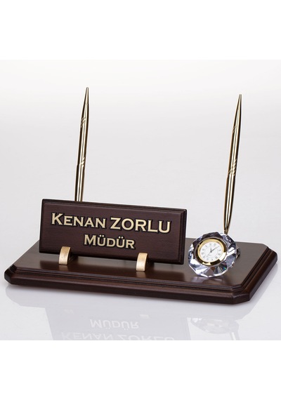 Çift Kalemli Ahşap Masa İsimliği Saatli Ofis Masa İsimlik