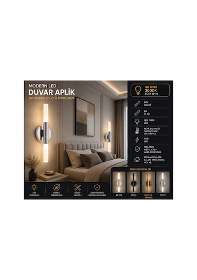 Pilli Led Duvar Aplik 30 Cm Krom Kablosuz 3000k Sıcak Beyaz Dekoratif Aplik İç Mekan Gümüş Gümüş