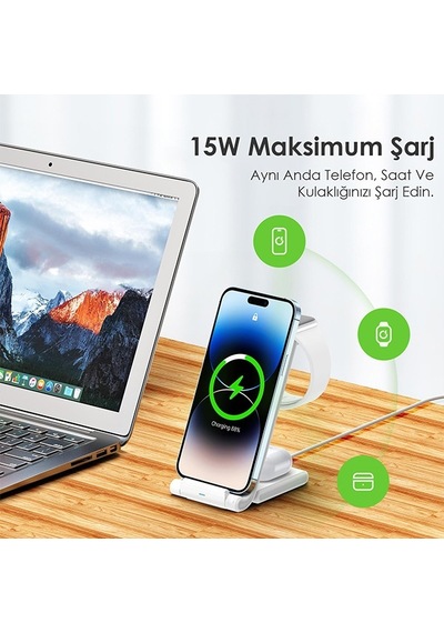 Duzzona 15w Katlanır 3 İn 1 Telefon Kulaklık Saat Kablosuz Şarj