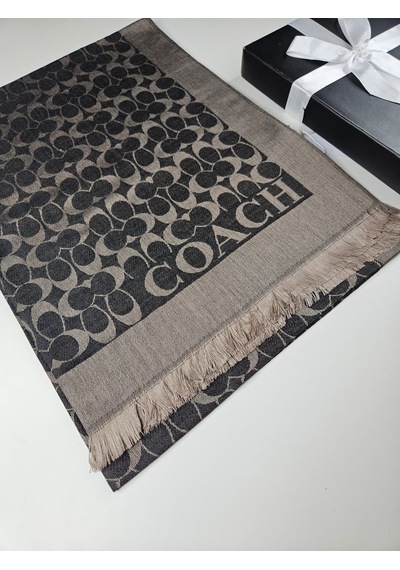 Miorel Scarfs C Desen Çift Taraflı Kaşmir İpek Şal 4 Mevsim Pamuk Şal Antrasit - Bej